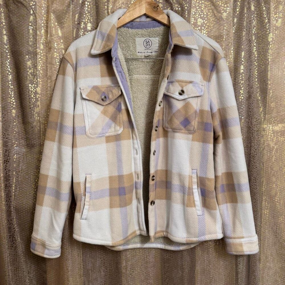 Sage Collective Women's Cream Lavender Plush Shirt Shacket Small